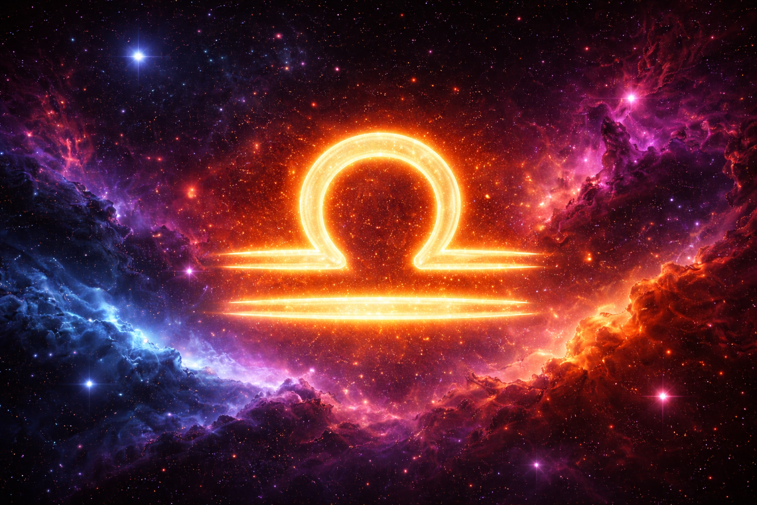Símbolo de Libra brilhante em dourado, centralizado sobre um fundo cósmico com nebulosas coloridas em tons de roxo, azul e vermelho e várias estrelas ao redor.