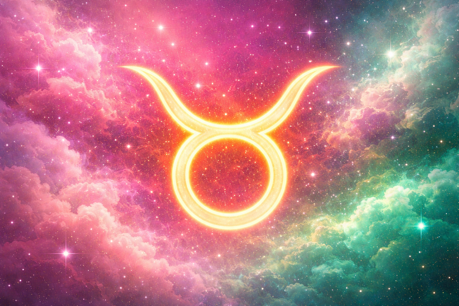 Símbolo de Touro brilhante em dourado, centralizado, com linhas onduladas sobre um fundo cósmico em tons de rosa e verde, cheio de estrelas e nuvens coloridas.