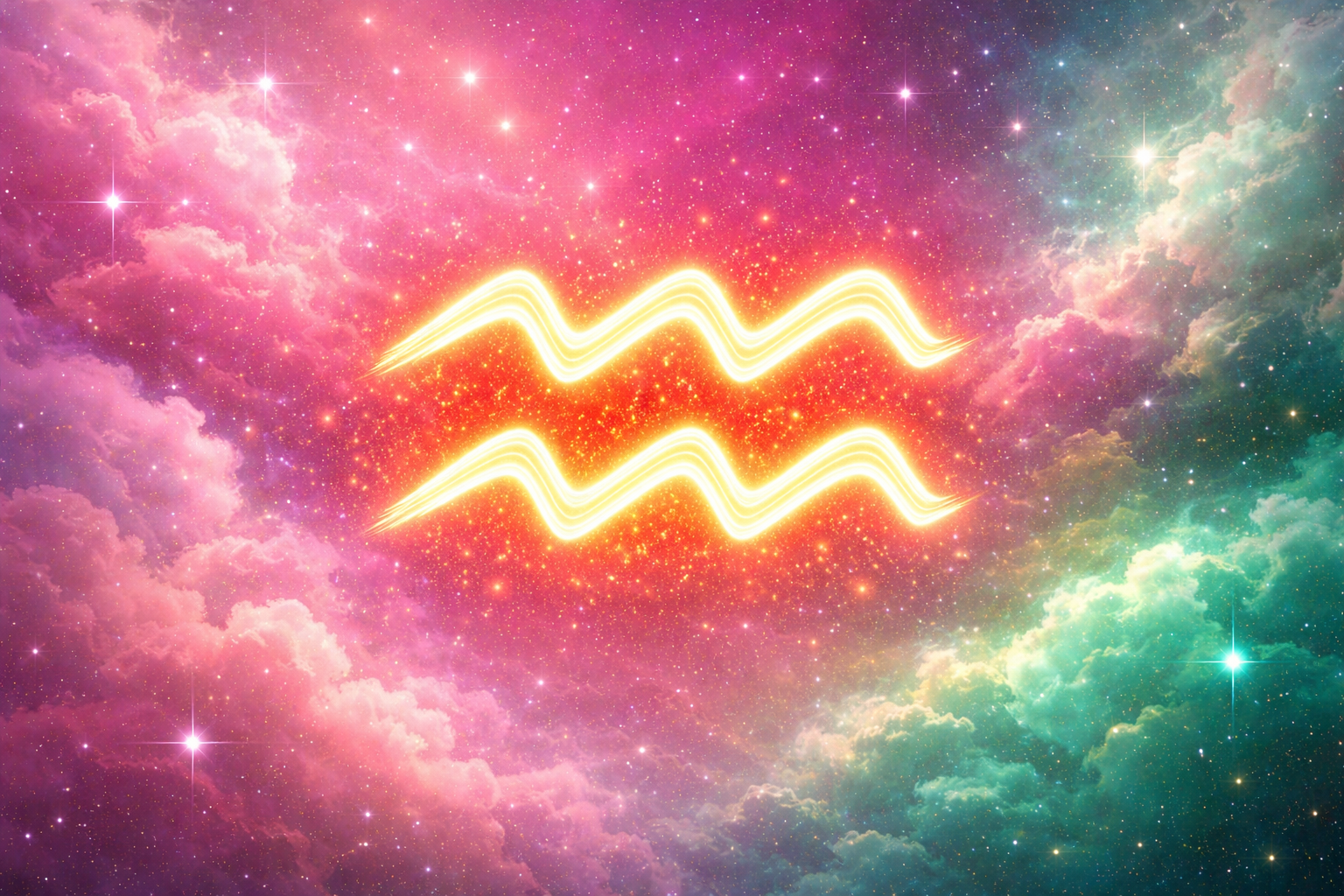 Símbolo de Aquário brilhante em dourado, centralizado, com linhas onduladas sobre um fundo cósmico em tons de rosa e verde, cheio de estrelas e nuvens coloridas.