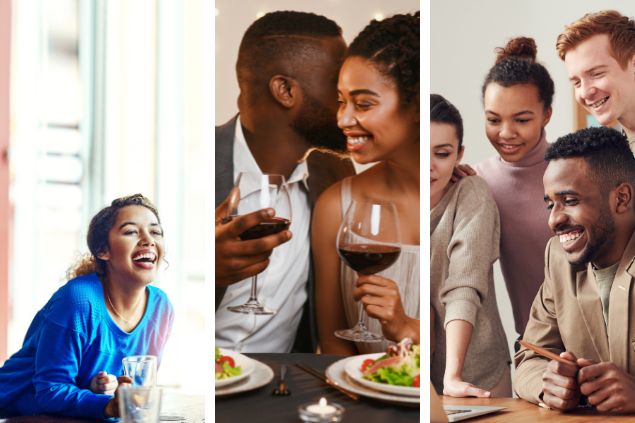 Montagem de 3 das características positivas de libra (1) mulher rindo perto da janela (2) casal em jantar romântico (3) equipe de trabalho, trabalhando juntos