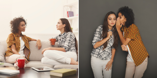 Primeira foto amigas conversando sorrindo e segunda foto amigas fofocando