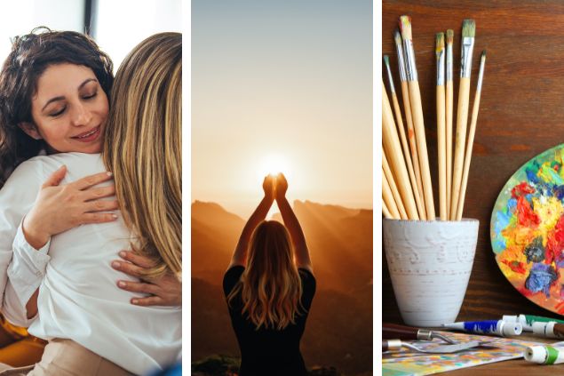 Montagem de 3 das características positivas de Peixes (1) mulher abraçando outra mulher em sinal de empati (2) mulher com as mãos juntas em direção ao por do sol em sinal, representando espiritualidade (3) pincéis em um recipiente e uma tela cheia de cores de tintas em cima de uma mesa, simbolizando o senso artístico