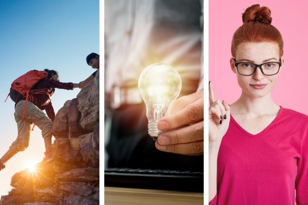 Montagem representando 3 das características positivas de Escorpião (1) Pessoa subindo uma montanha e a outra ajudando a subir (2) mão de um homem segurando uma lâmpada acesa, simbolizando ideia (3) Mulher com expressão de determinação em um fundo rosa