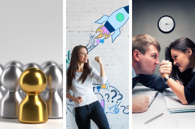 Montagem das características positivas de Áries (1) pinos representando pessoas, vários cinzas e um apenas se destacando em dourado (2) mulher comemorando o sucesso e atrás dela uma parede com o desenho de um foguete indo para cima (3) homem e mulher competindo em queda de braço