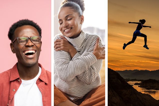 Montagem representando três das caraterísticas positivas de leão (1) Um homem negro rindo, com os olhos fechados em um fundo rosa (2) uma mulher abraçando a si mesma com os olhos fechados e sorrindo (3) mulher pulando de uma colina para a outra ao pôr-do-sol