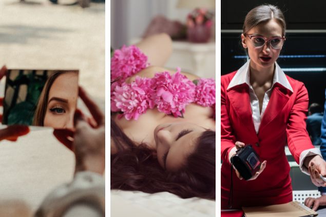 Montagem de 3 dos temas abordados em Lilith (1) reflexo de mulher em pedaço de espelho (2) muler deitada na cama nua, mas com flores cobrindo seu corpo (3) mulher de terno vermelho conversando, como se estivesse usando de argumentos 