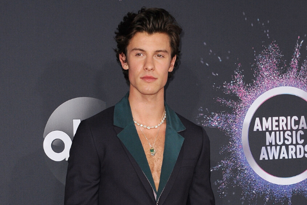 Shawn Mendes olhando para o lado em premiação de música usando blazer
