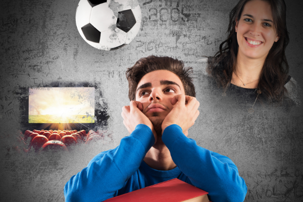 Homem distraído apoiando os cotovelos em uma pilha de livros