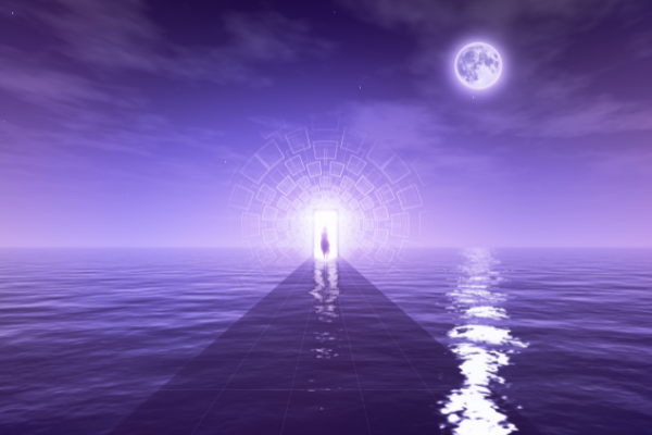 Caminho no meio do mar que leva à uma porta. A lua está em evidência no céu