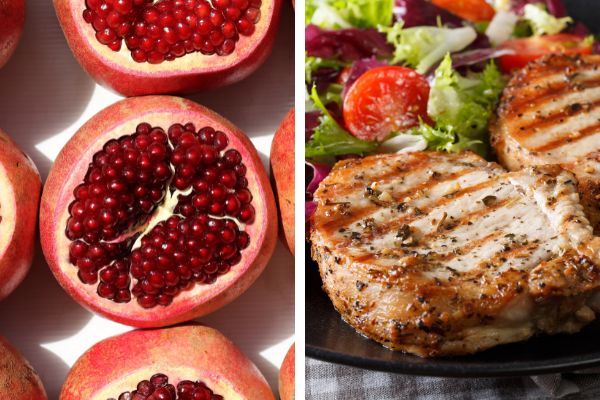 Imagem em gride de romã e carne de porco