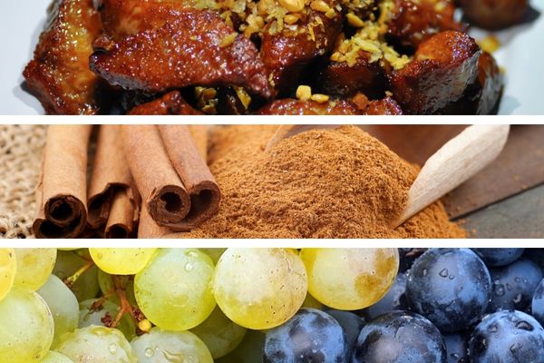 Imagem em gride de carne de porco, canela em pó e uvas