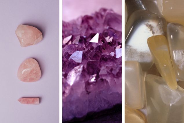 Imagem em gride com quartzo rosa, ametista e selenita