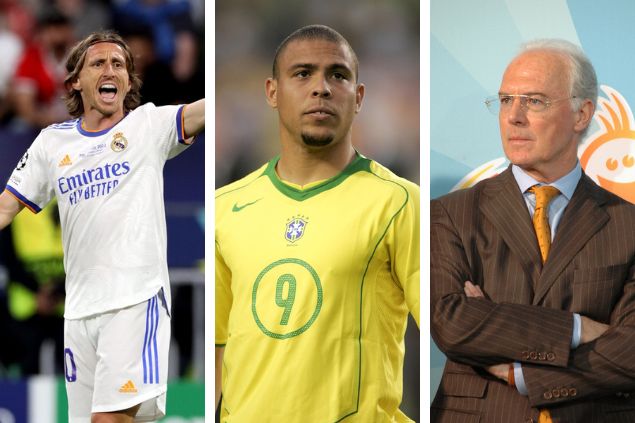 Imagem em gride com os jogadores Luka Modric, Ronaldo e Franz Beckenbauer
