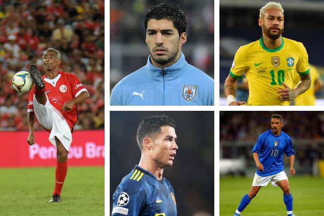 Imagem em gride de Romário, Luis Suárez, Neymar Jr., Cristiano Ronaldo e Roberto Baggio