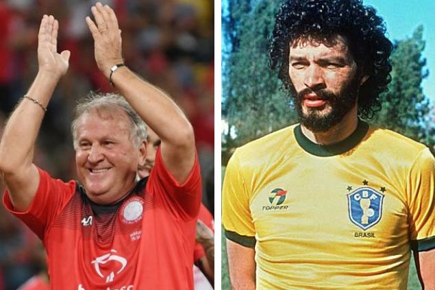 Imagem em gride de Zico e Sócrates, ex-jogadores brasileiros