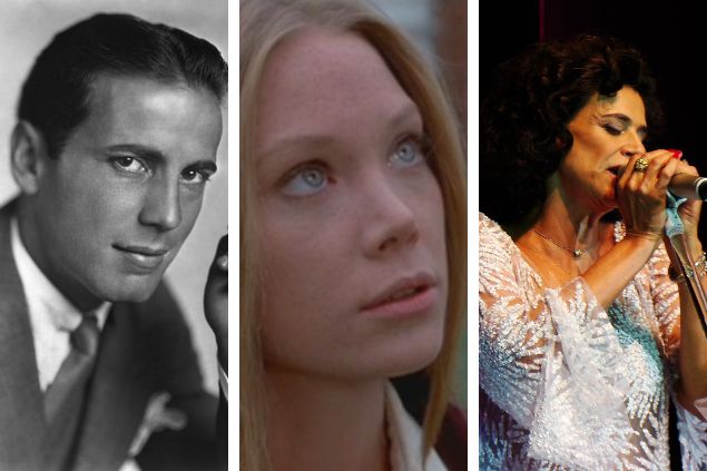 Imagem em grade do ator Humphrey DeForest Bogart, da atriz Mary Elizabeth Spacek e da cantora Simone