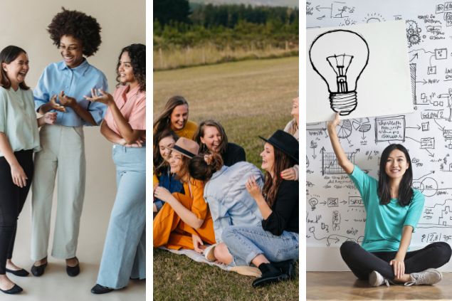 Montagem com 3 das características positivas de gêmeos (1) três mulheres conversando (2) grupo de amigos, sentados em um gramado e dando risada (3) mulher sentada no chão, sorrindo e com um cartaz em que está o desenho de uma lâmpada