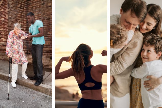 Monatem com 3 das características positivas de touro (1) homem ajudando senhora a subir na calçada (2) mulher com roupas de ginástica com os braços erguidos em sinal de conquista (3) família se abraçando em expressão de carinho