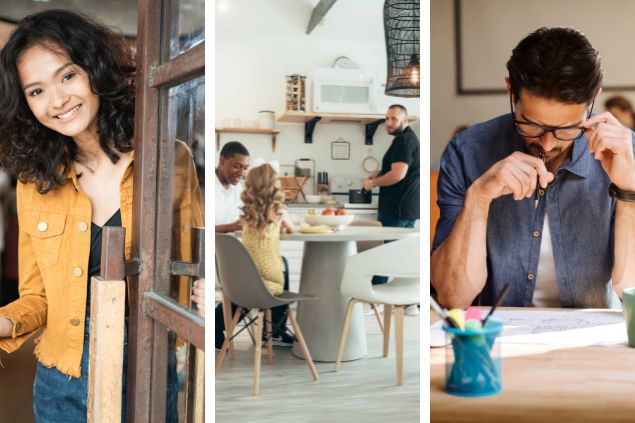 HV no Canva Pro (1) Odua Images (2) Dziana Hasanbekava de Pexels (3) mihailomilovanovic de Getty Images Signature Montagem com 3 das características positivas de câncer (1) mulher abrindo a porta para alguém com sorriso no rosto (2) família de dois homens e uma menina sentados à mesa no café da manhã (3) homem concentrado em seu trabalho