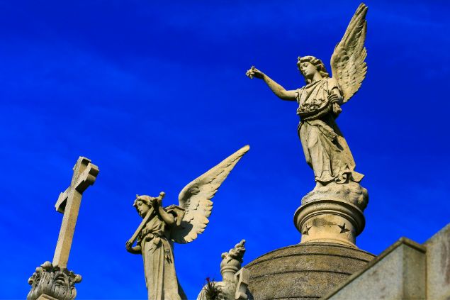 Estátuas de dois anjos e atrás deles o céu azul escuro