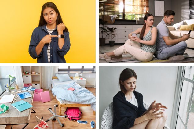 Montagem de 4 imagens (1)  mulher apontando para o relógio do seu pulso com feição de cobrança (2) casal sentado no chão, um de costas para o outro e amulher olhando com desconfiança para o celular do homem (3) quarto bagunçado (4) mulher com feição de mau humor