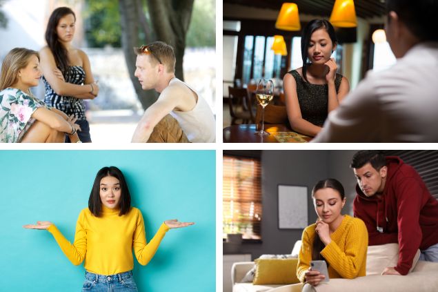 Montagem com 4 imagens (1) mulher com olhar de ciúmes para um casal que está conversando (2) mulher tímida no jantar com um rapaz (3) mulher com expressão de indecisão (4) homem tenando ver o que a sua mulher vê no celular