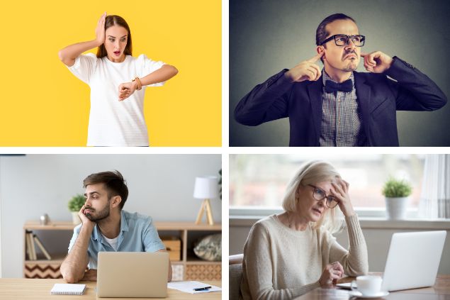 Montagem com 4 imagens (1) mulher olhando para o relógio de pulso e com expressão de atraso (2) homem com os dedos no ouvido como quem não quer ouvir (3) homem distraído na frente do computador, mas olhando para outra direção (4) mulher confusa na frente do computador