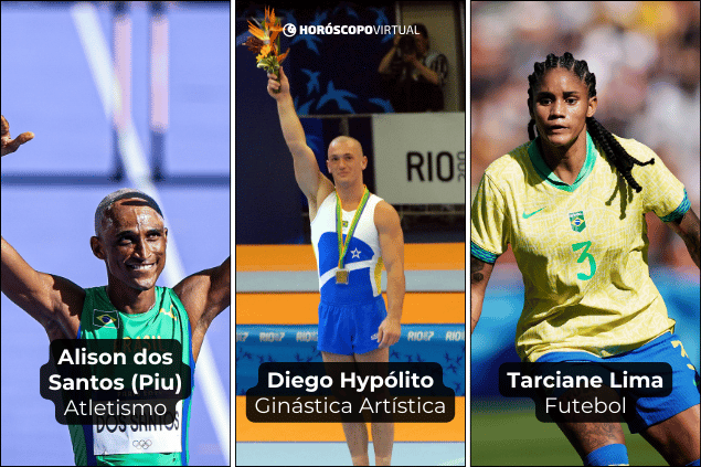 Montagem com os atletas olímpicos: Alison dos Santos, Diego Hypólito e Tarciane Lima.