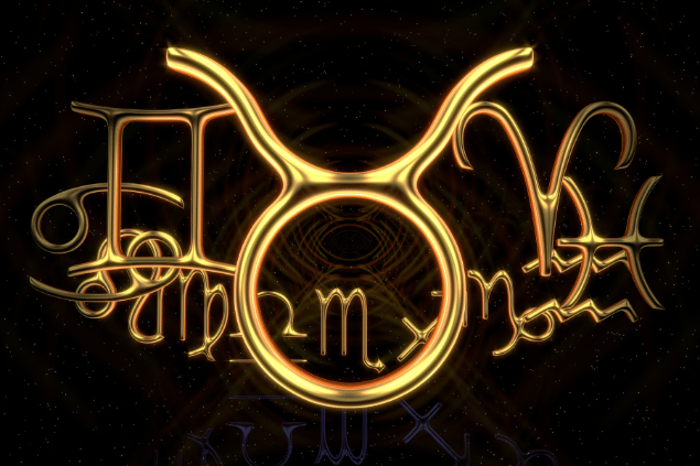 Símbolo dourado do signo de Touro em destaque, com outros símbolos astrológicos ao fundo em tons escuros.