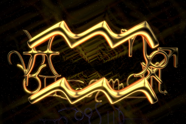 Símbolo dourado do signo de Aquário em destaque, com outros símbolos astrológicos ao fundo em tons escuros.