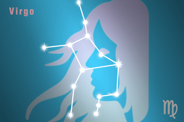 Ilustração do signo de Virgem e a constelação destacada em fundo azul.