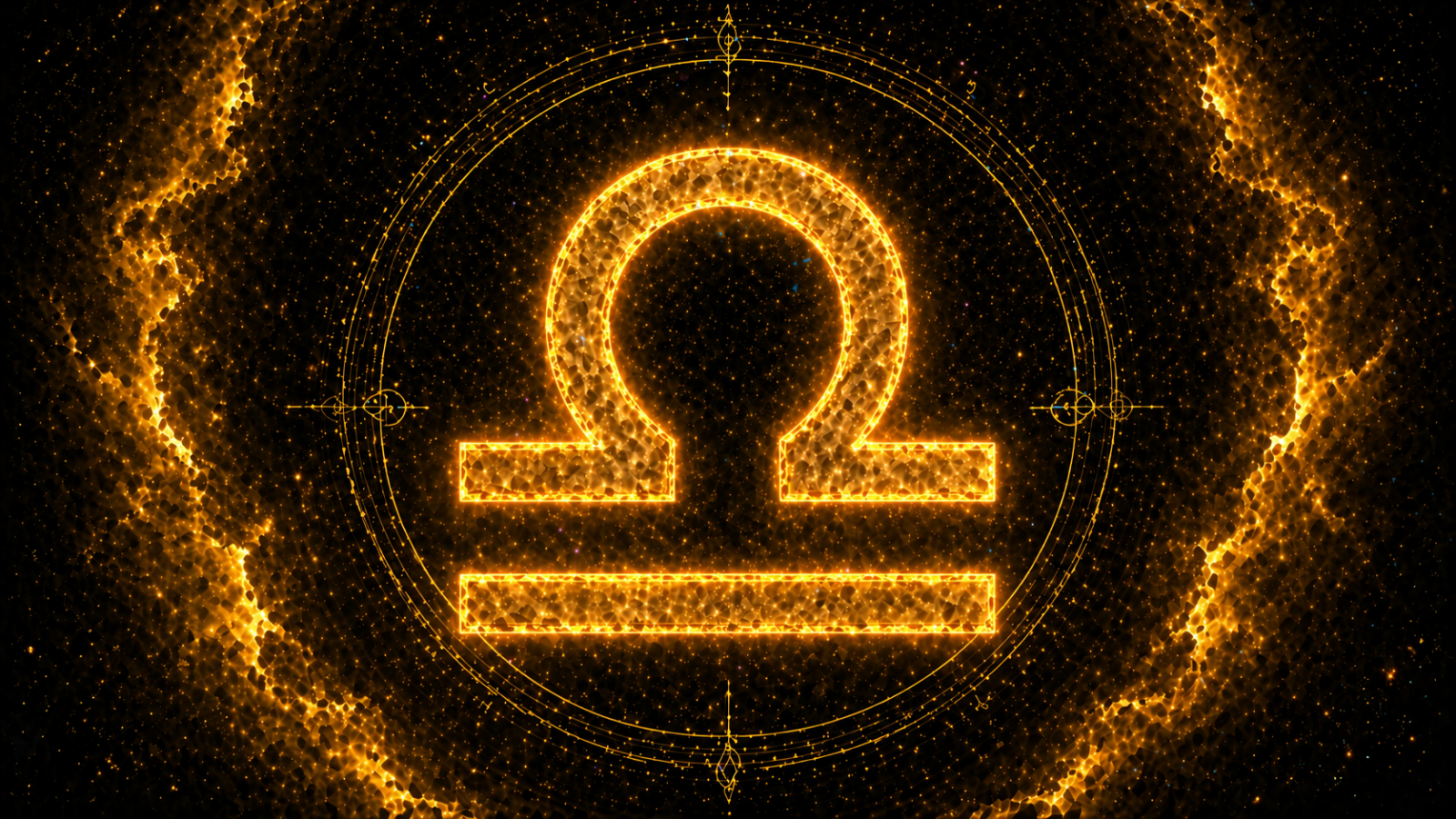 Símbolo de Libra dourado brilhante no centro, sobre fundo cósmico escuro com efeitos luminosos.