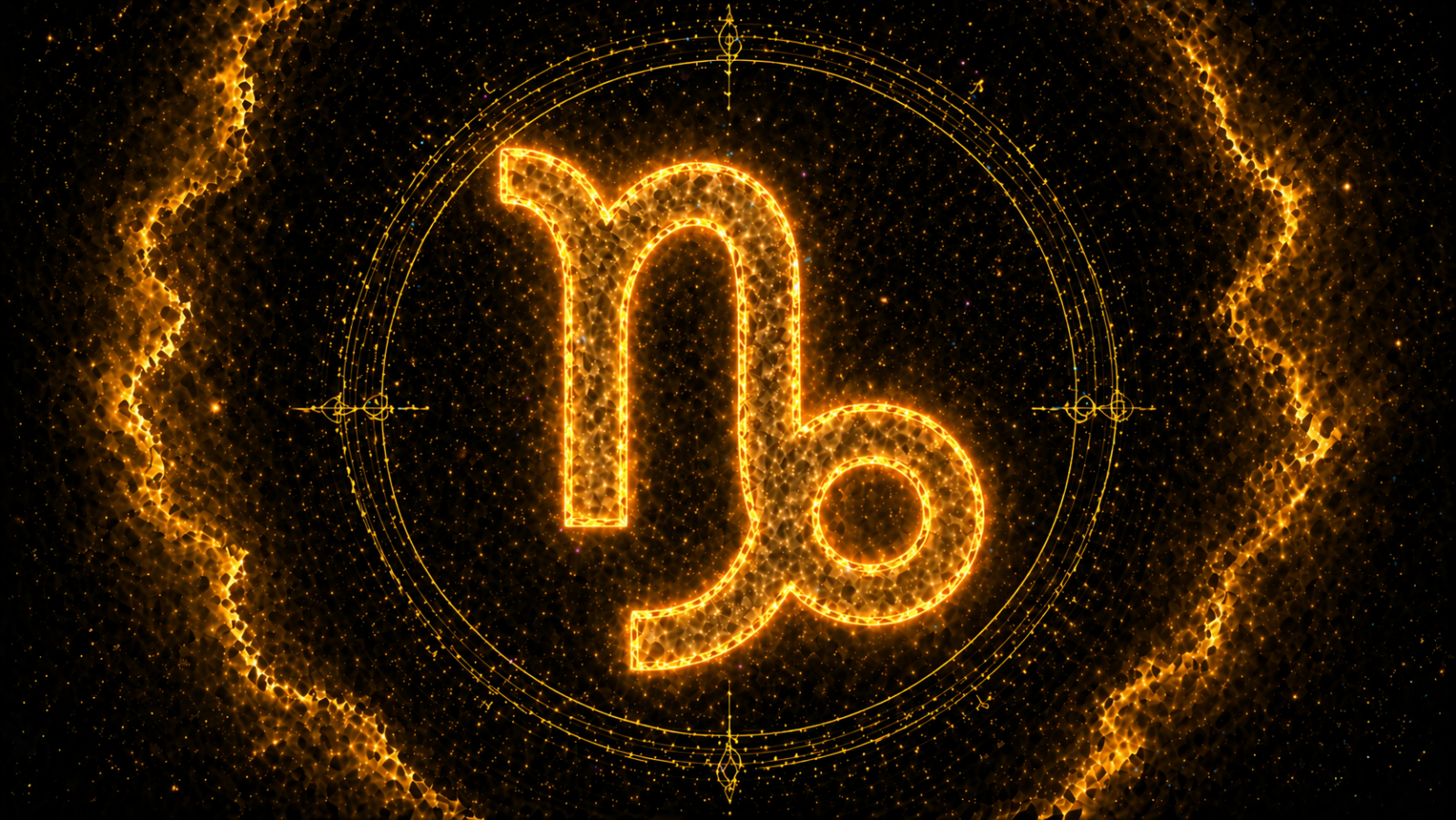 Símbolo de Capricórnio dourado brilhante no centro, sobre fundo cósmico escuro com efeitos luminosos.