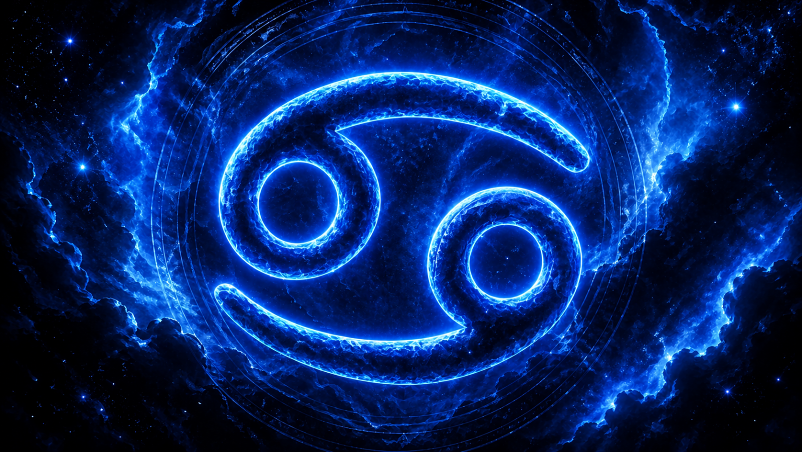 Símbolo de Câncer brilhante em azul no centro, sobre fundo cósmico com nuvens e estrelas em tons de azul.