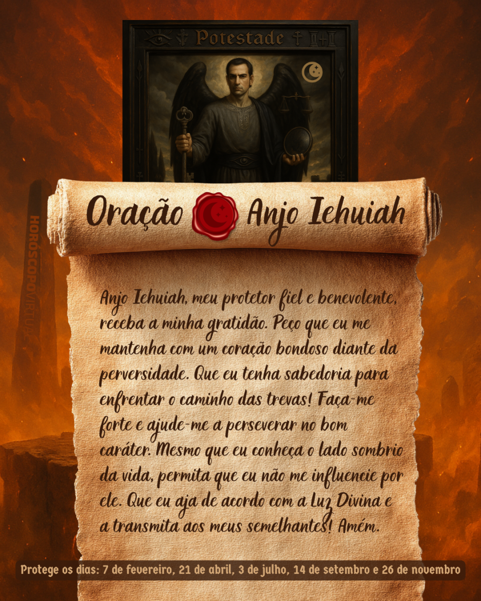 HORÓSCOPO ViRTUaL / Canva Imagem vertical, com fundo em tons de laranja e marrom. Na parte superior, há um quadro representando um anjo. Um pergaminho antigo ocupa a maior parte da imagem e apresenta o título “Oração Anjo Iehuiah” e a oração:
