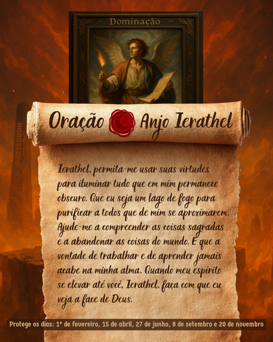 HORÓSCOPO ViRTUaL / Canva Imagem vertical, com fundo em tons de laranja e marrom. Na parte superior, há um quadro representando um anjo. Um pergaminho antigo ocupa a maior parte da imagem e apresenta o título “Oração Anjo Ierathel” e a oração: