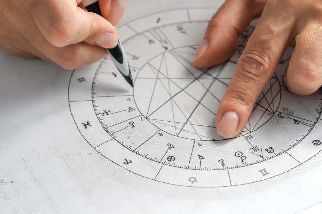 Mãos femininas fazendo anotações em um Mapa Astral com uma caneta 