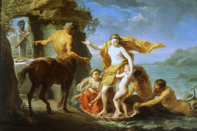 Pintura representando Quíron ao lado de pessoas