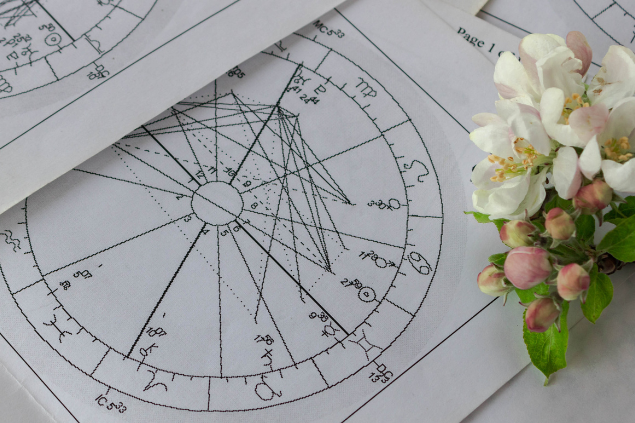 Mapa astral impresso ao lado de flores de plástico