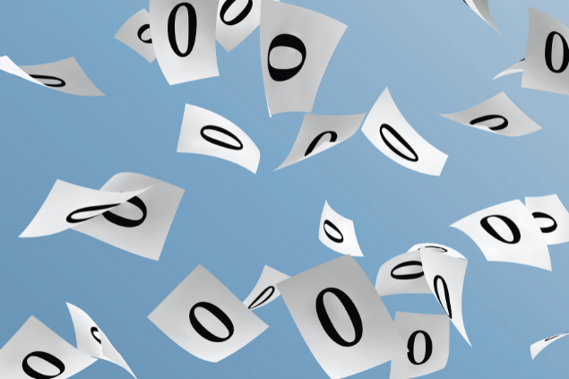 Folhas de papel com o número 0 caindo