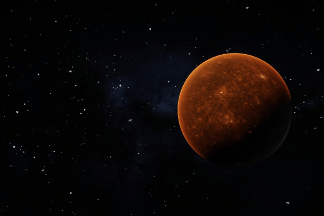 Imagem do planeta Mercúrio em 3D e, ao fundo, há várias estrelas no universo.
