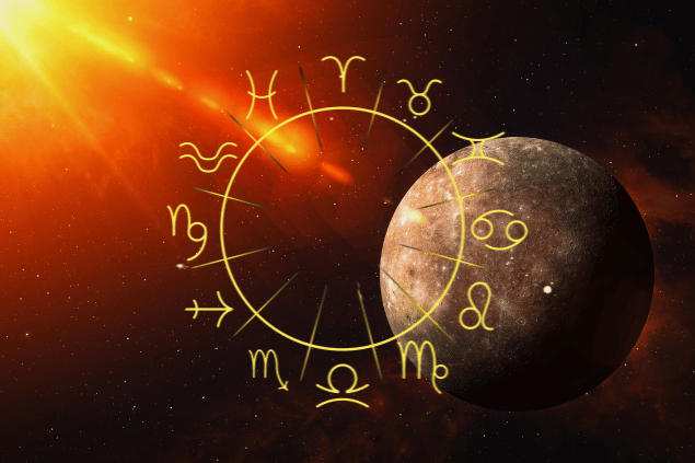Imagem do planeta Mercúrio e alguns raios solares estão refletindo sobre ele. Na frente, há a imagem de um círculo com todos os signos do Zodíaco. Ao fundo, há o universo.