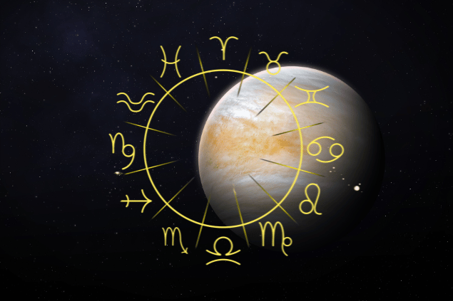 Imagem do planeta Vênus e, ao fundo, há o universo. Na frente, há os símbolos dos signos do zodíaco.