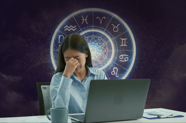 Uma mulher trabalhadora está no foco da imagem. Ela está com a cabeça inclinada para baixo e uma mão no rosto, indicando estresse. Ao fundo, há um círculo com todos os símbolos dos signos do zodíaco.