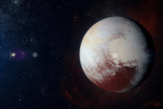 Imagem do planeta anão Plutão e, ao fundo, há o universo.