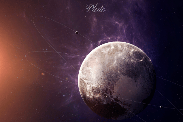 Imagem do planeta anão Plutão e, ao fundo, há o universo.