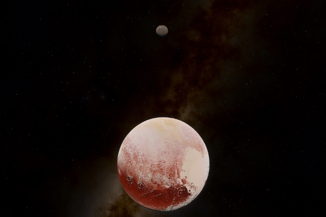 Imagem do planeta anão Plutão e, ao fundo, há o universo.