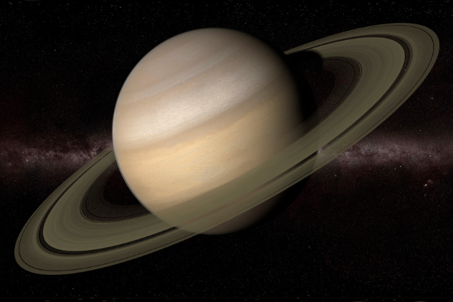 Imagem do planeta Saturno e, ao fundo, há o universo.