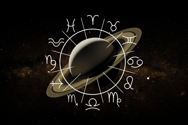 Imagem do planeta Saturno e, ao fundo, há o universo. Na frente, há os símbolos dos signos do zodíaco.