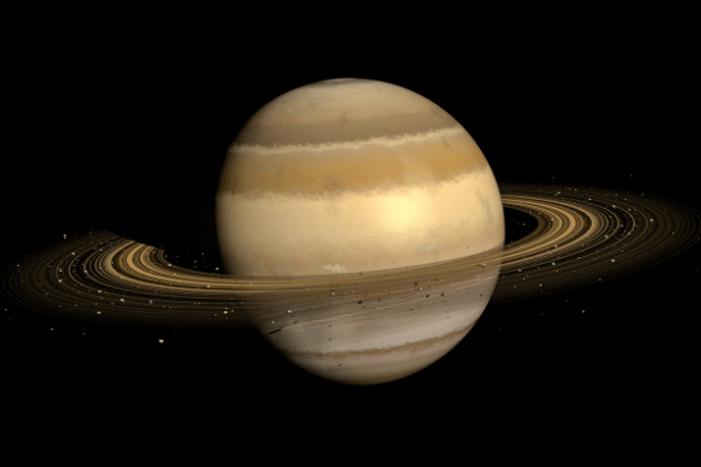 Imagem do planeta Saturno e, ao fundo, há o universo.